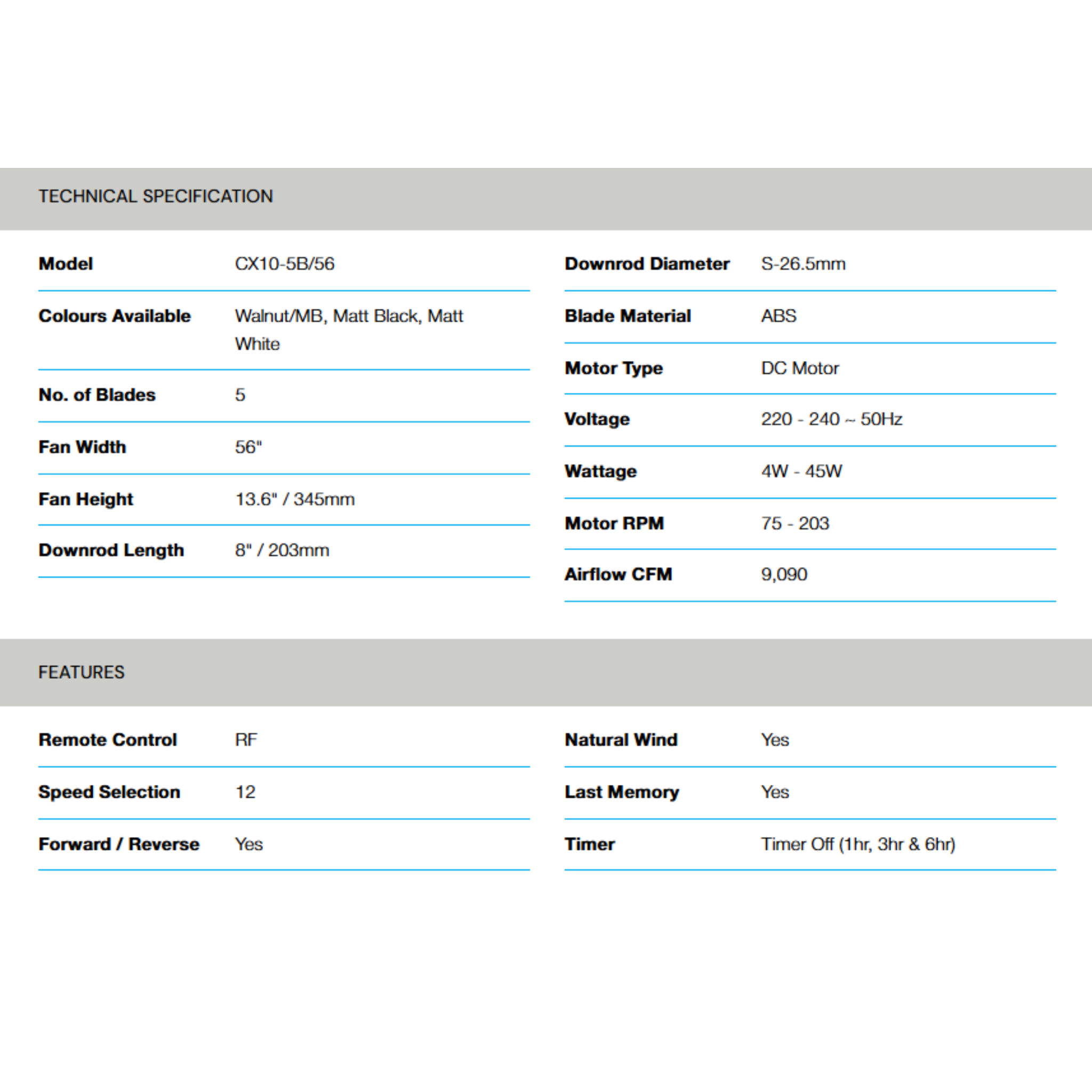 Alpha 56" CX10 AC Motor ABS Ceiling Fan (CX10-5B)