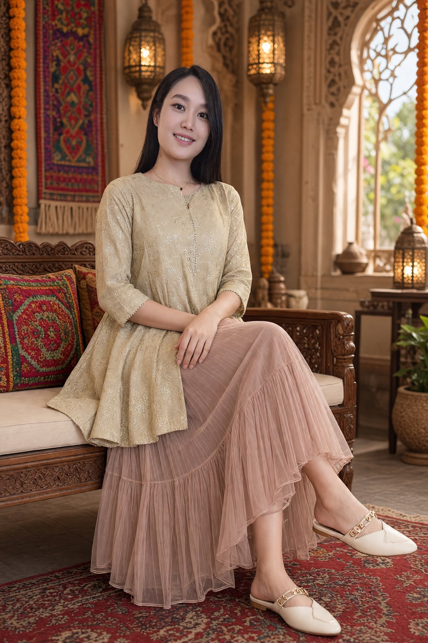 3525 Light Brown Golden Stampling Long Top