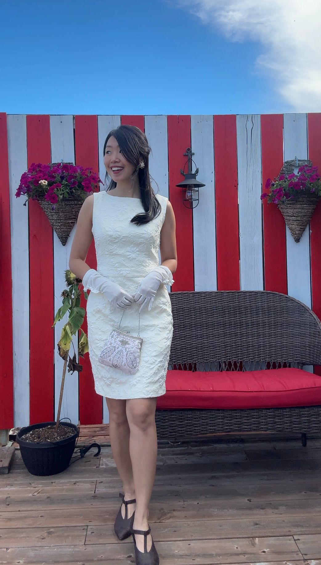 1960s Inspired Envelop-Back Cream X White Floral Jacquard Dress (FM241)