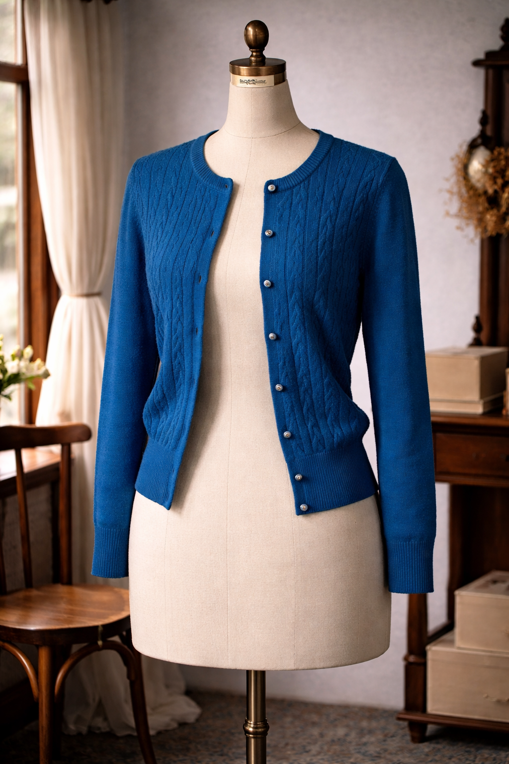 (Ready-Made)1950s Style Peakcock Blue Cashmere Cardigan(FM094)