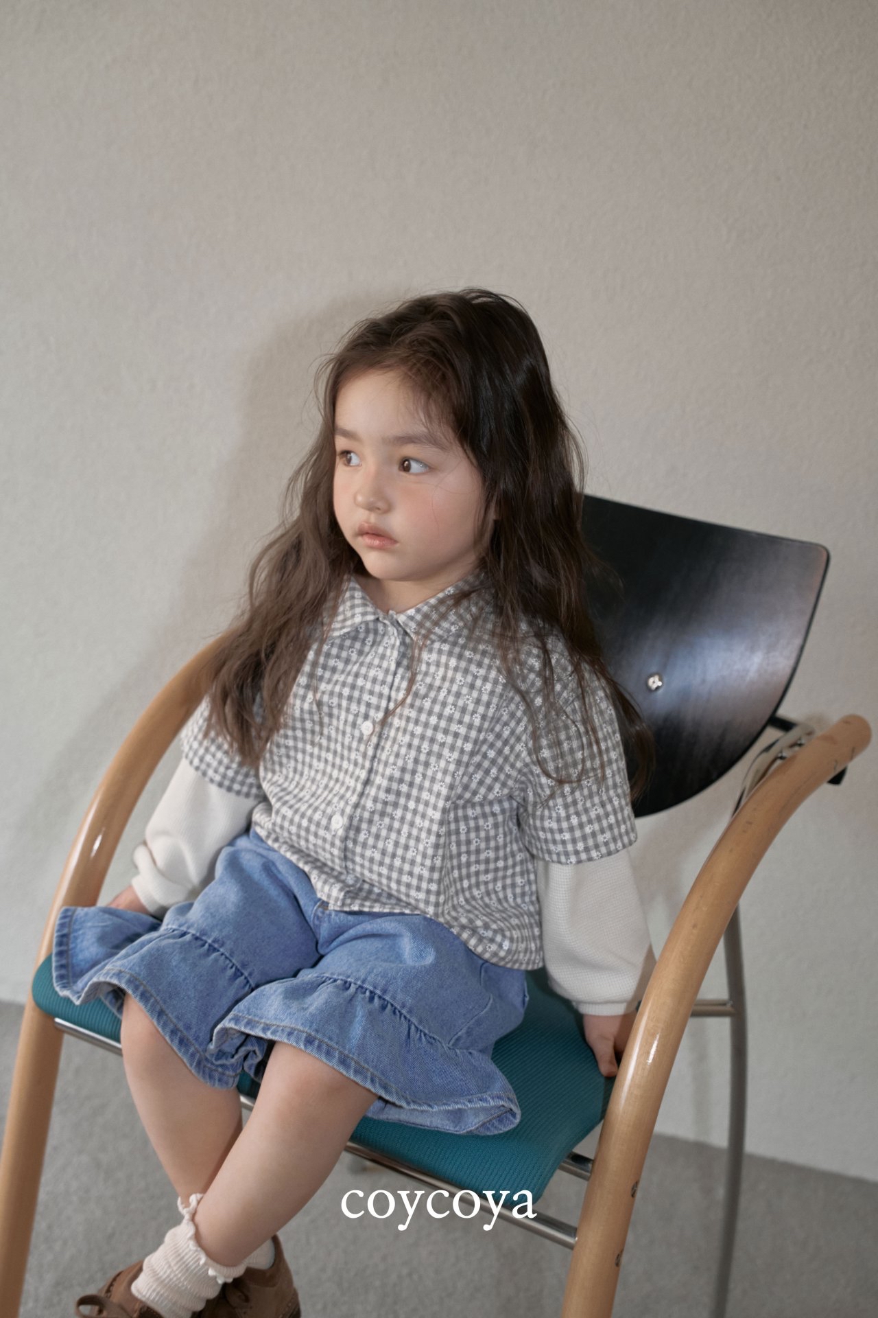 🌸預訂 韓國直送🌸🇰🇷COYCOYA兩色花花格紋假兩件寬鬆翻領長袖上衣