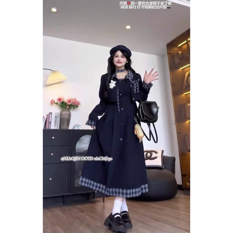 B188(10376长) 长款法式气质边格纹吊带裙与短西装外套咖蓝两件套连身裙