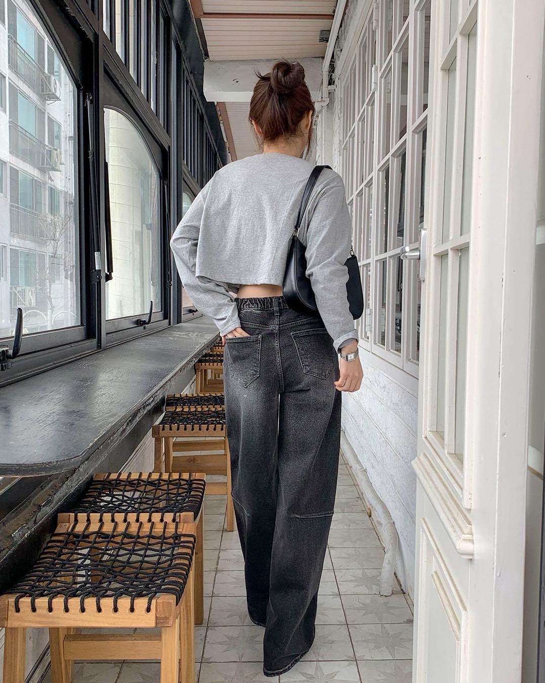 彎刀形闊腳褲 （藍/灰黑）