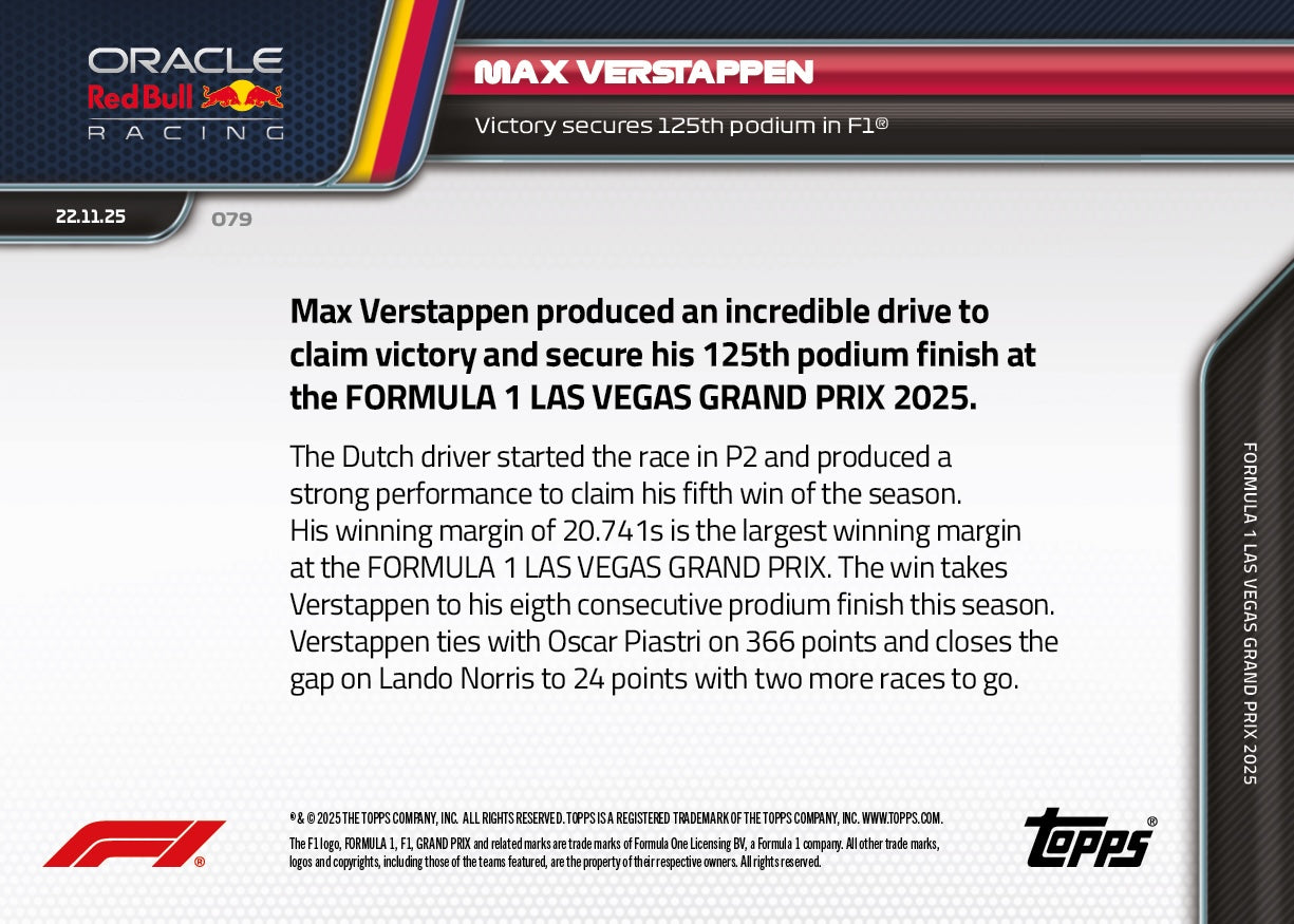 Max Verstappen - 2025 F1 Topps NOW® #79 Las Vegas GP 贏車卡｜PR 4,125