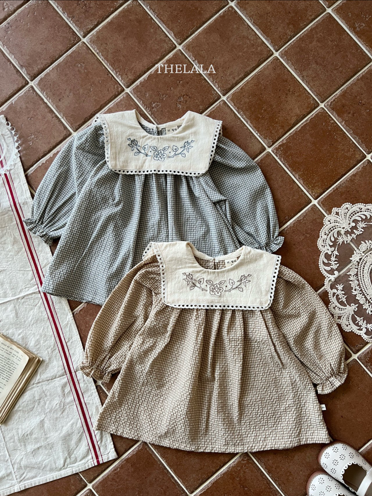 🌸預訂 韓國直送🌸🇰🇷THELALA兩色花卉刺繡方形翻領格紋長袖連身裙