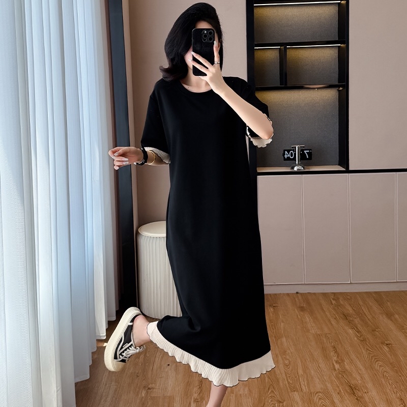 B328(9025) 韩版小香风轻奢拼接杏撞色细百褶花边袖与下摆黑连身裙