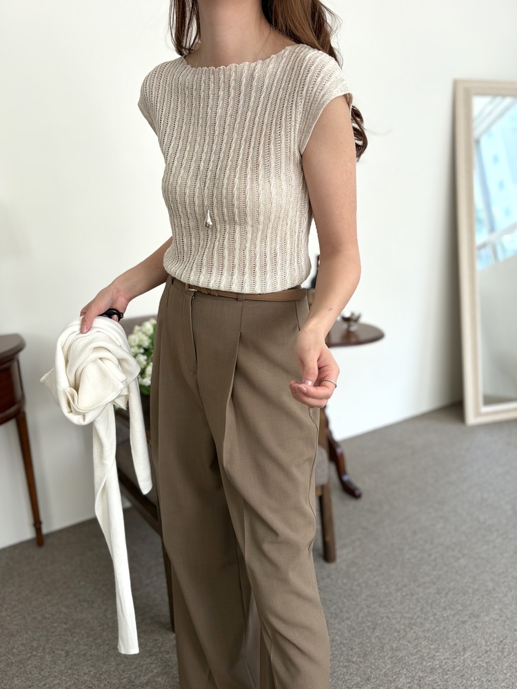 Crochet Boat Neck Knit Top (Oat)