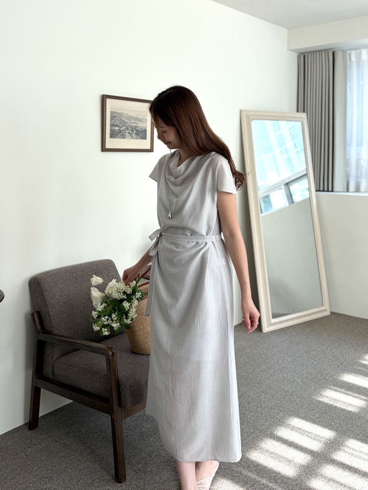 Draped Neck Dress with Inner Slip (Misty Blue)
