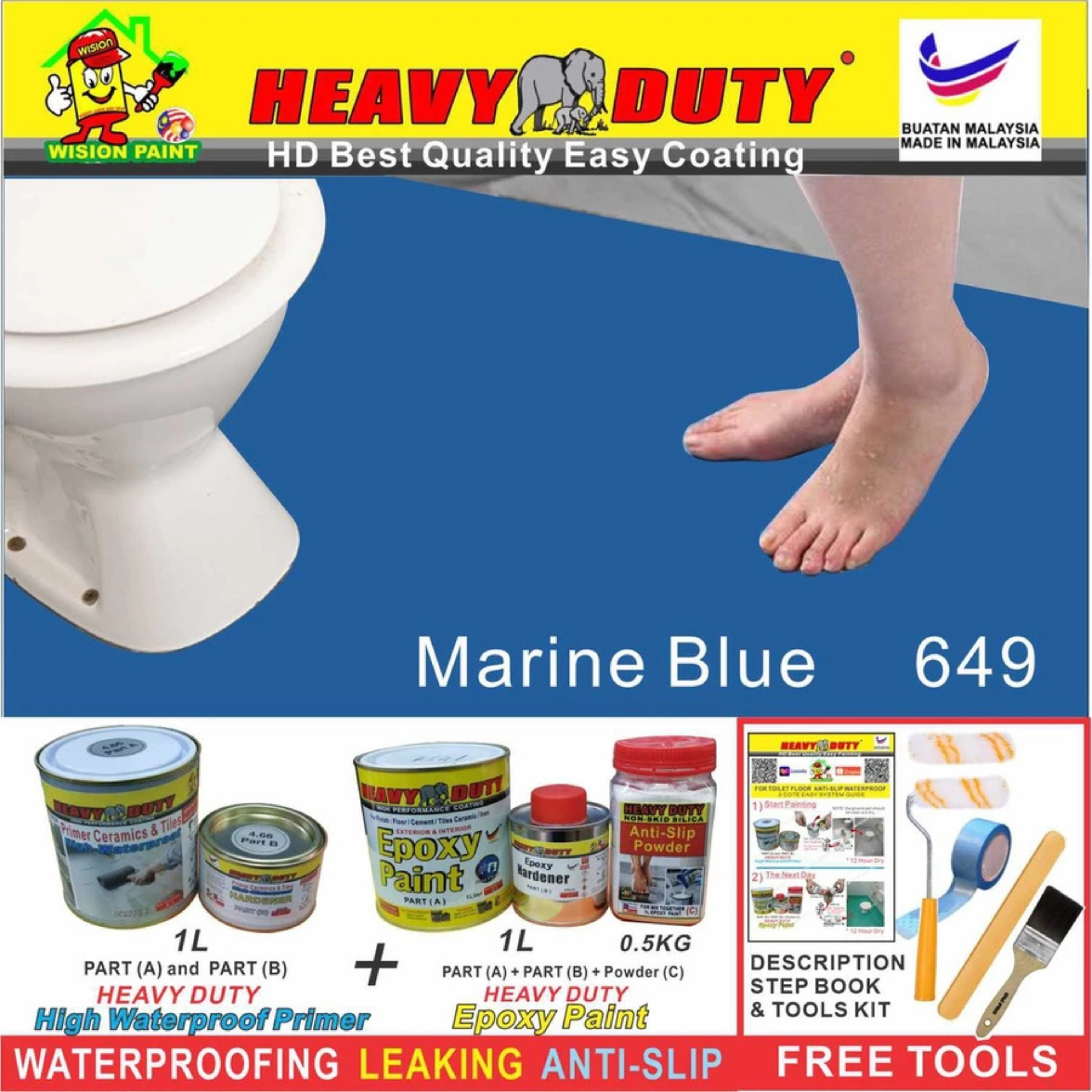 FULL SET (HEAVY DUTY BRAND) Floor Coating (Free Paint Tool Set) 1L Tile Primer + 1L Epoxy Colour + 0.5kg Non-skid Silic