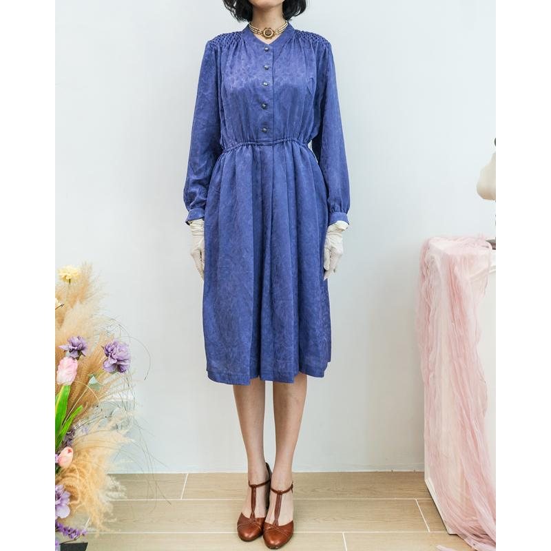 Vintage Purplish Blue Subtle Pattern Diamond Gathered Detail Elegant Day & Night Dress (MT1608-81)