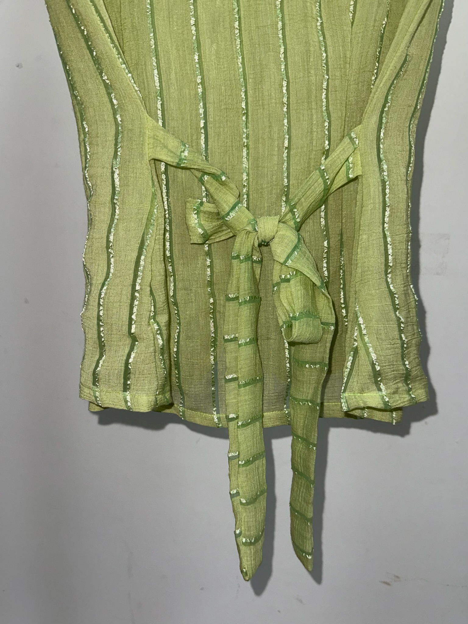 Pistachio Green Cap Sleeve Tie-Back Shirt with Glitter Stripes