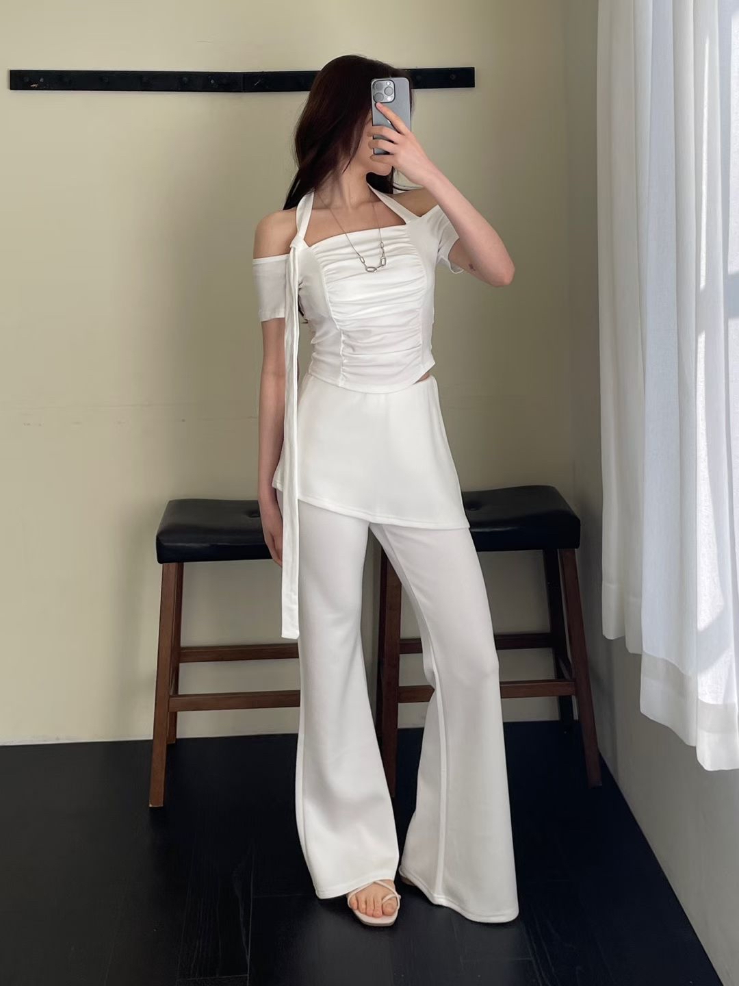 韓國棉質斜斜裙褲