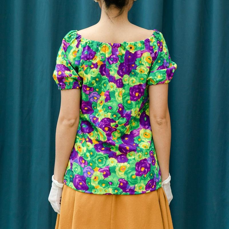 C.a. 1960s Violet & Green Floral Pattern Handmade Two Way Top from Canada(MT1514)