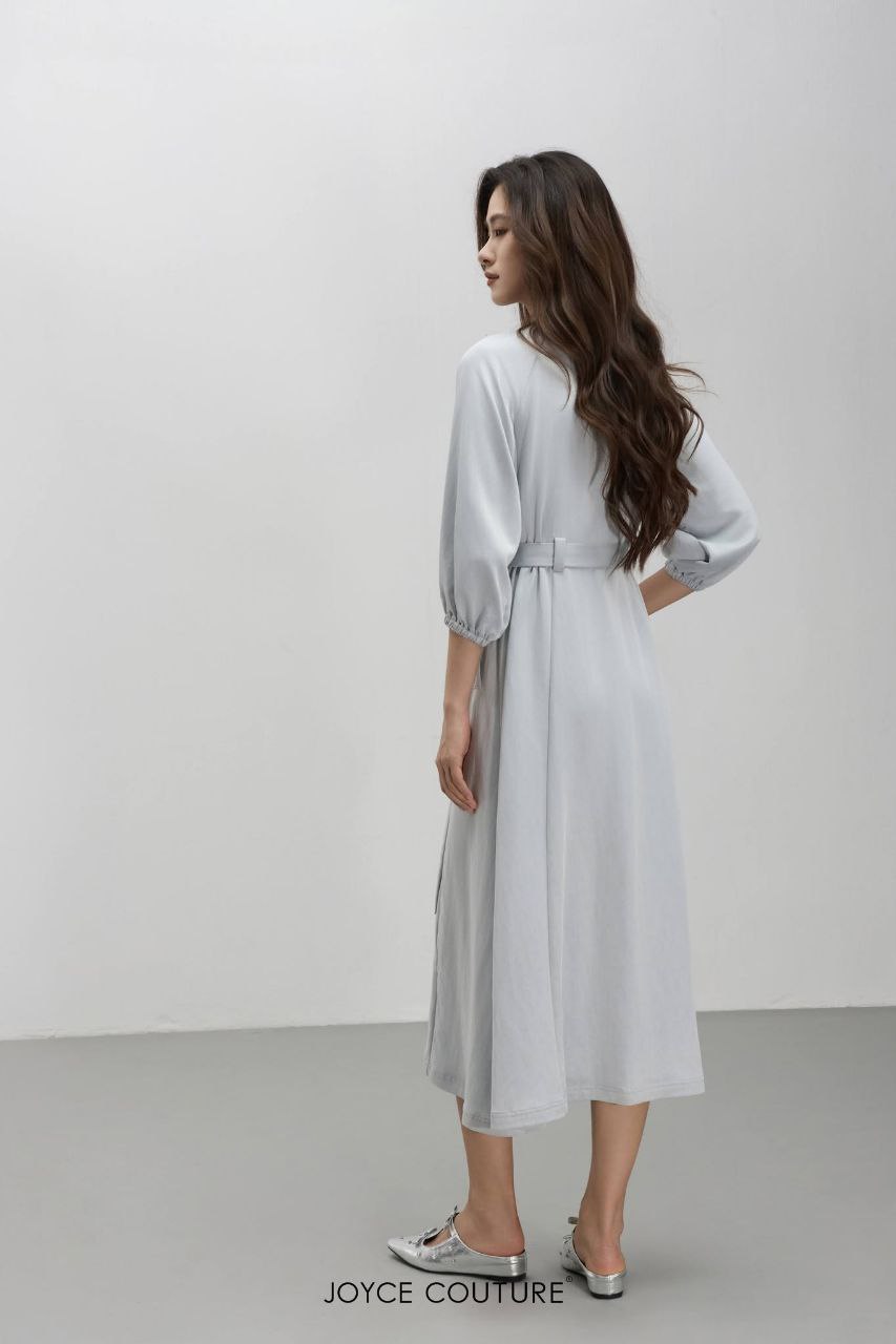 松紧褶领口中长连身裙 D0335