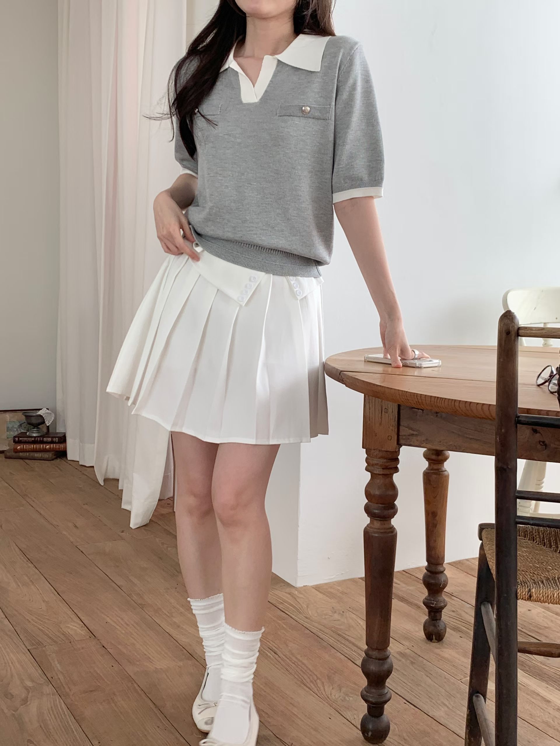 CT24 學院風不規則排釦百褶短裙