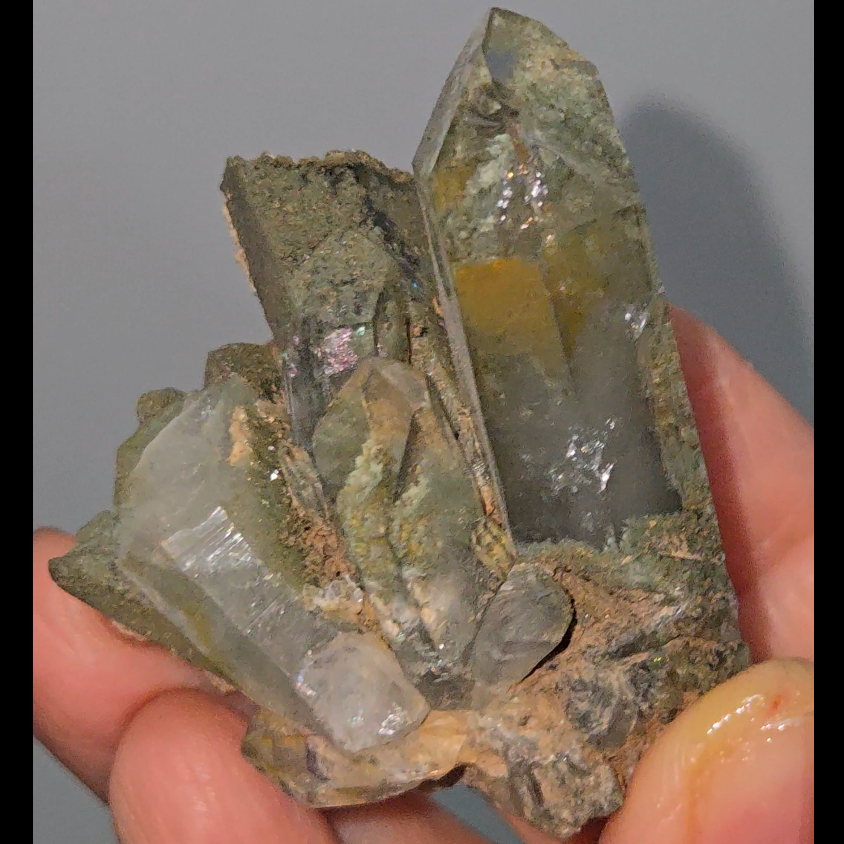Epidote inclusion quartz cluster - CQ504