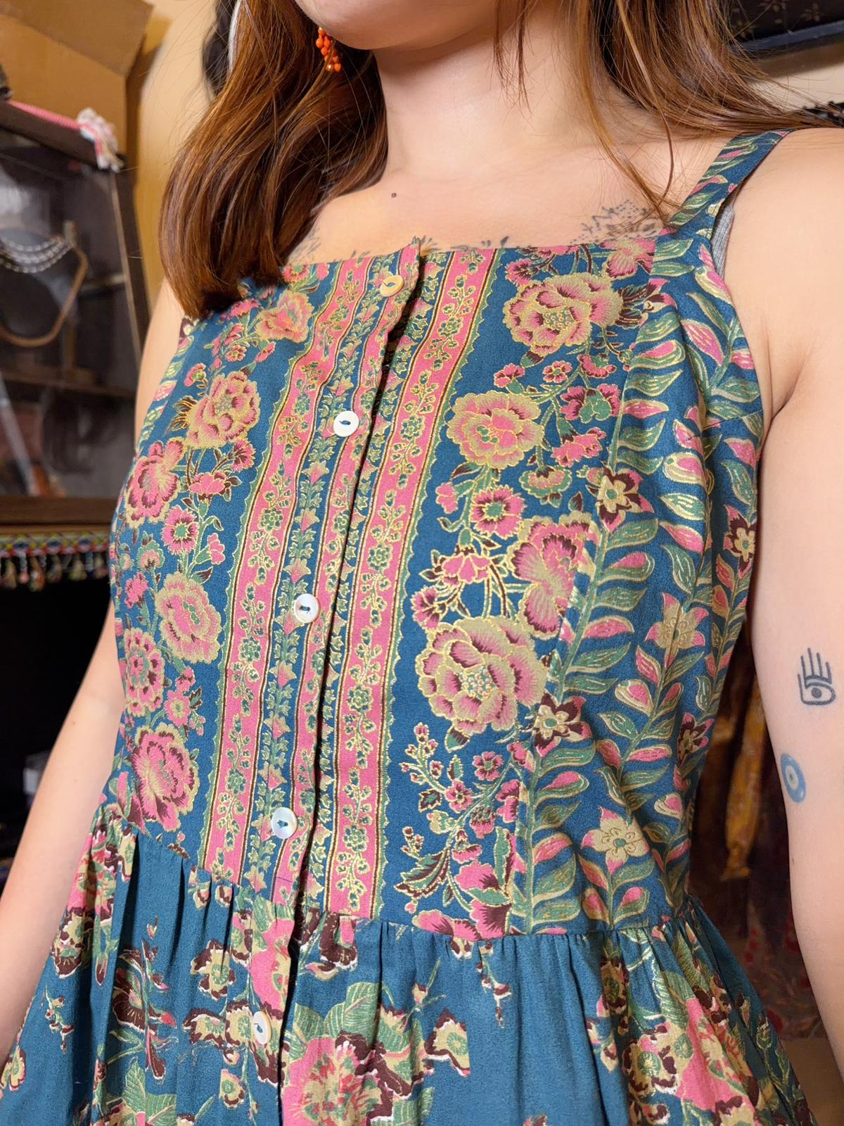 #1528 Blue Golden Floral Milktea Edge Sleeveless OP