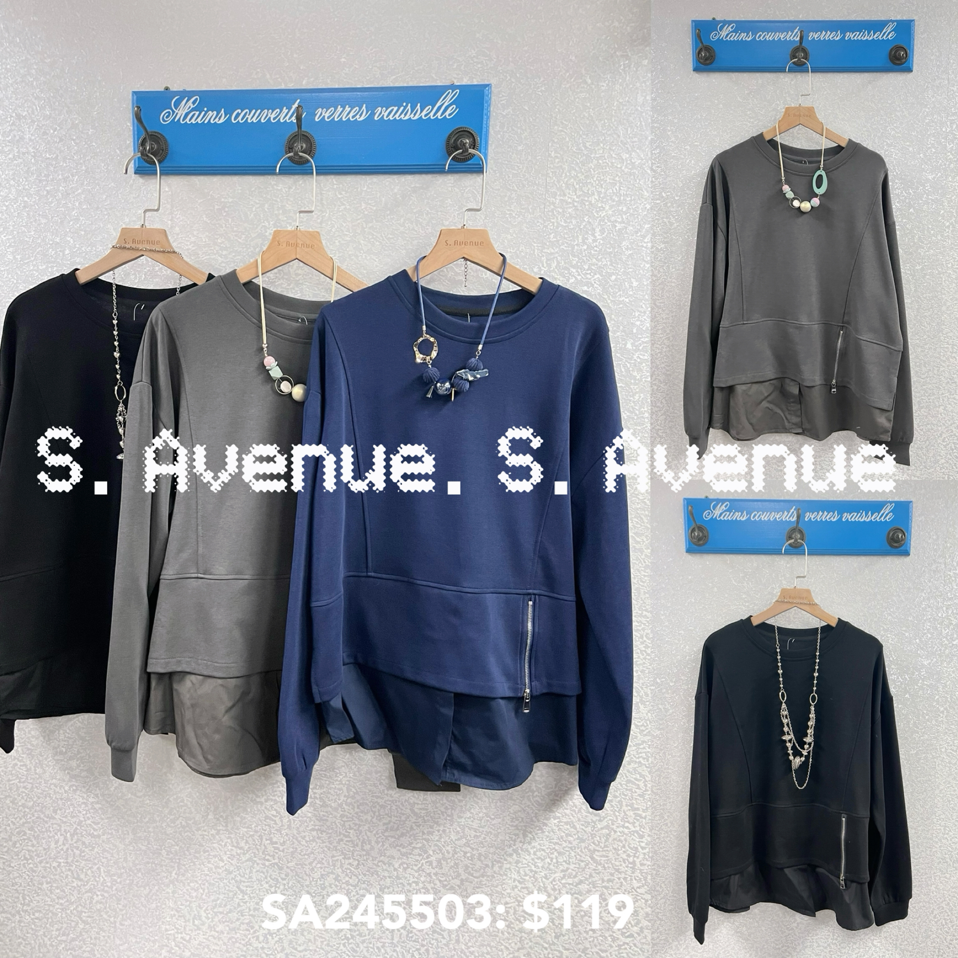 SA248503: 長袖側拉錬拼布鬆身tee