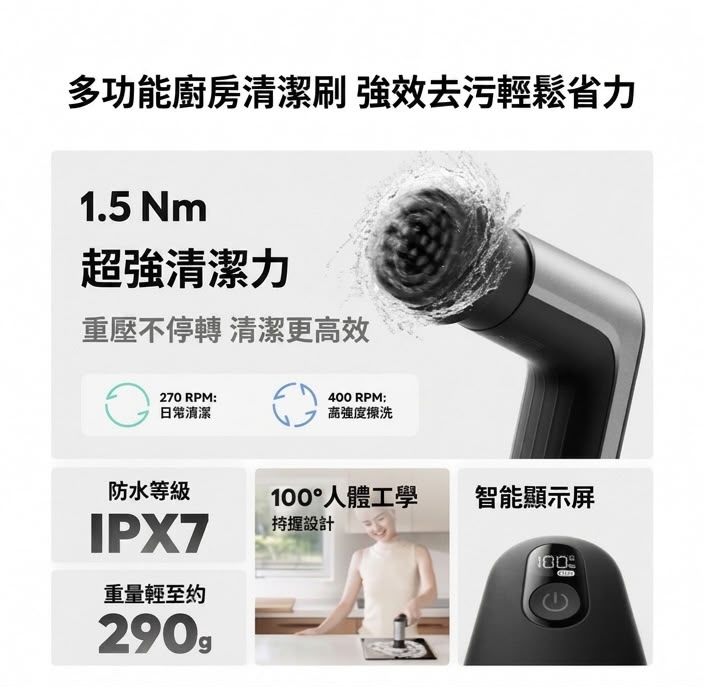 HOTO 廚房電動旋轉清潔刷 二代 (預購產品)