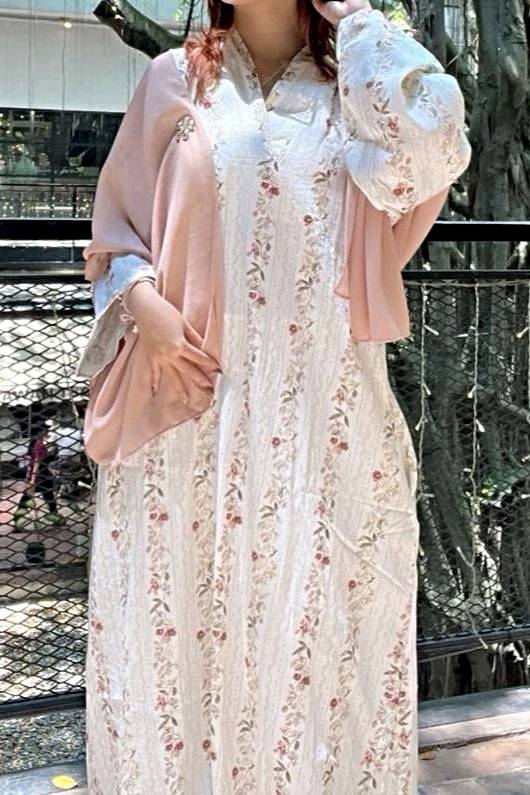 Linen Flower Stripe Dress - Vanilla Rose