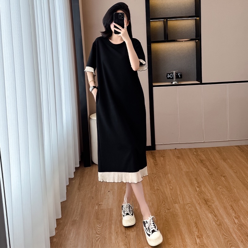 B328(9025) 韩版小香风轻奢拼接杏撞色细百褶花边袖与下摆黑连身裙