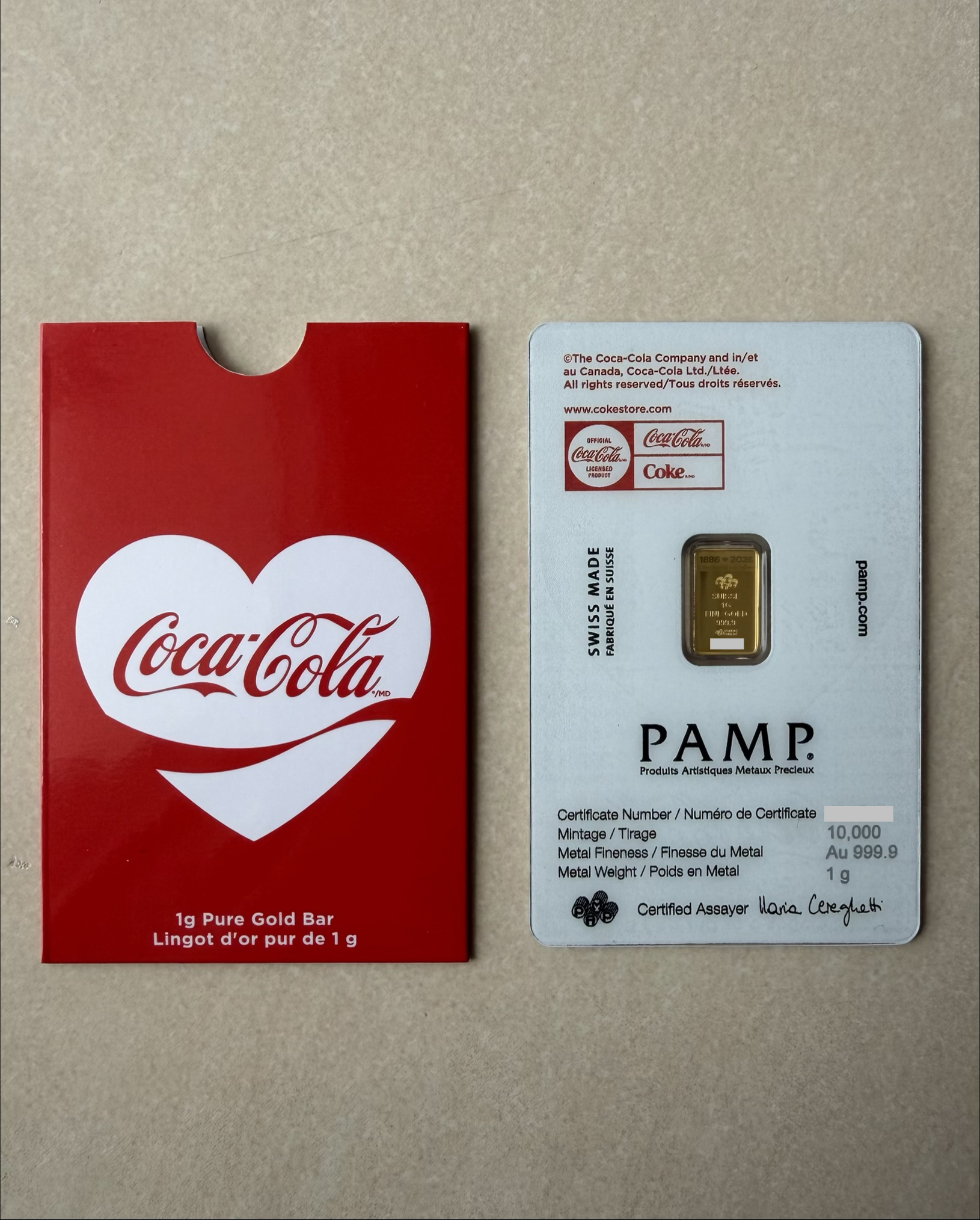 PAMP Valentine’s Cola 1g 🇨🇭Swiss Fine Gold Bar Emas 999.9 with Sleeve 瑞士情人可乐金条
