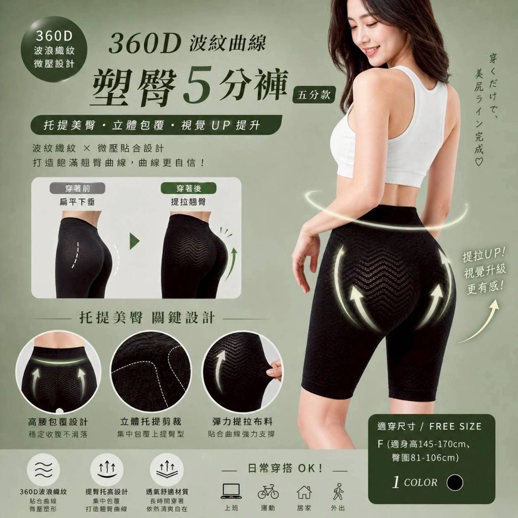 $51條.2條起$41條.2026台灣製GIAT.360D 波紋曲線塑臀褲-5分款