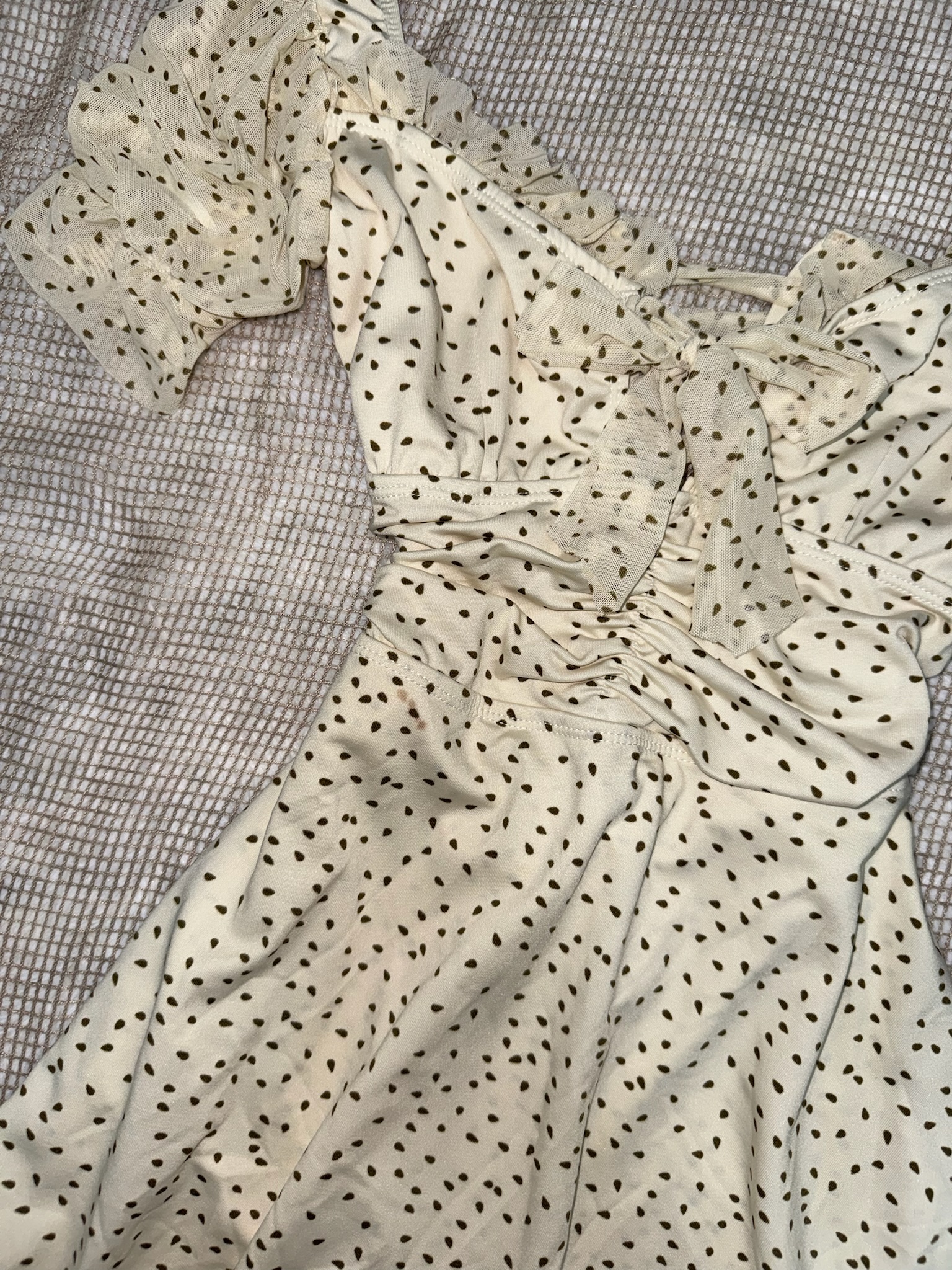 Polka Dot Ruched Bustier Dress with Mesh Sleeves