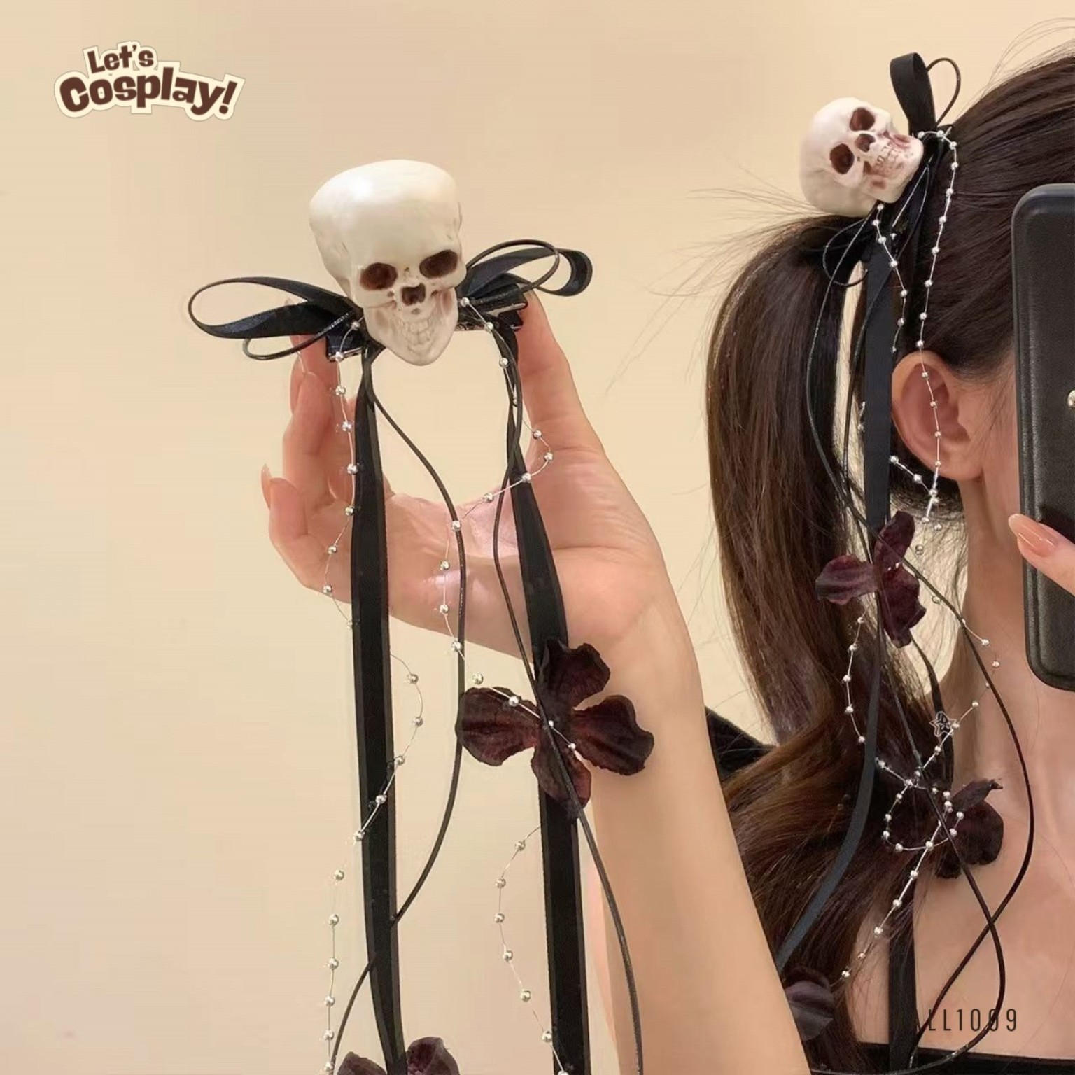 萬聖節骷髏頭骨頭飾｜黑色絲帶珠鏈恐怖造型頭飾 Halloween Hair Accessory HALL1009