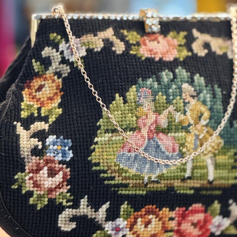 Rare! Courting Couple Needlepoint with Rhinestone Frame Handbag - Missing 2 stitches (MT2505)