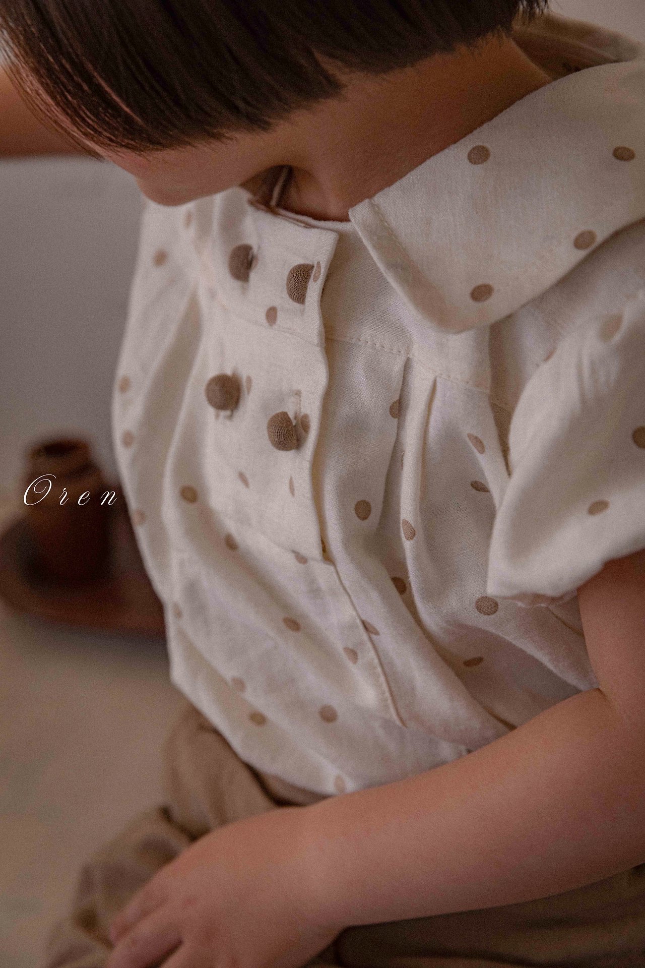 ☀️預訂 韓國直送☀️🇰🇷Oren 雙排鈕扣波點翻領亞麻混紡短袖包屁衣/連身裙/上下套裝