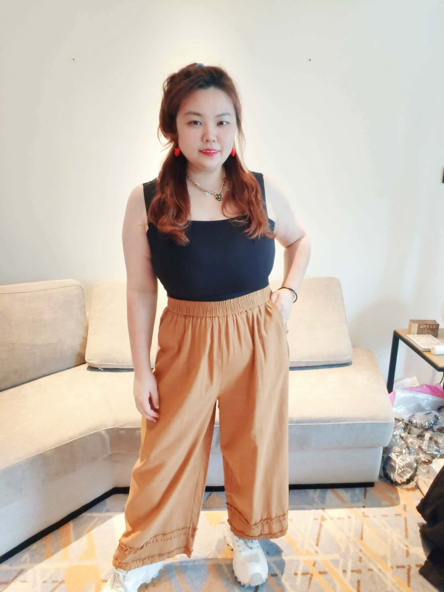 YPC06 1222 棉麻木耳边裤脚直筒长裤