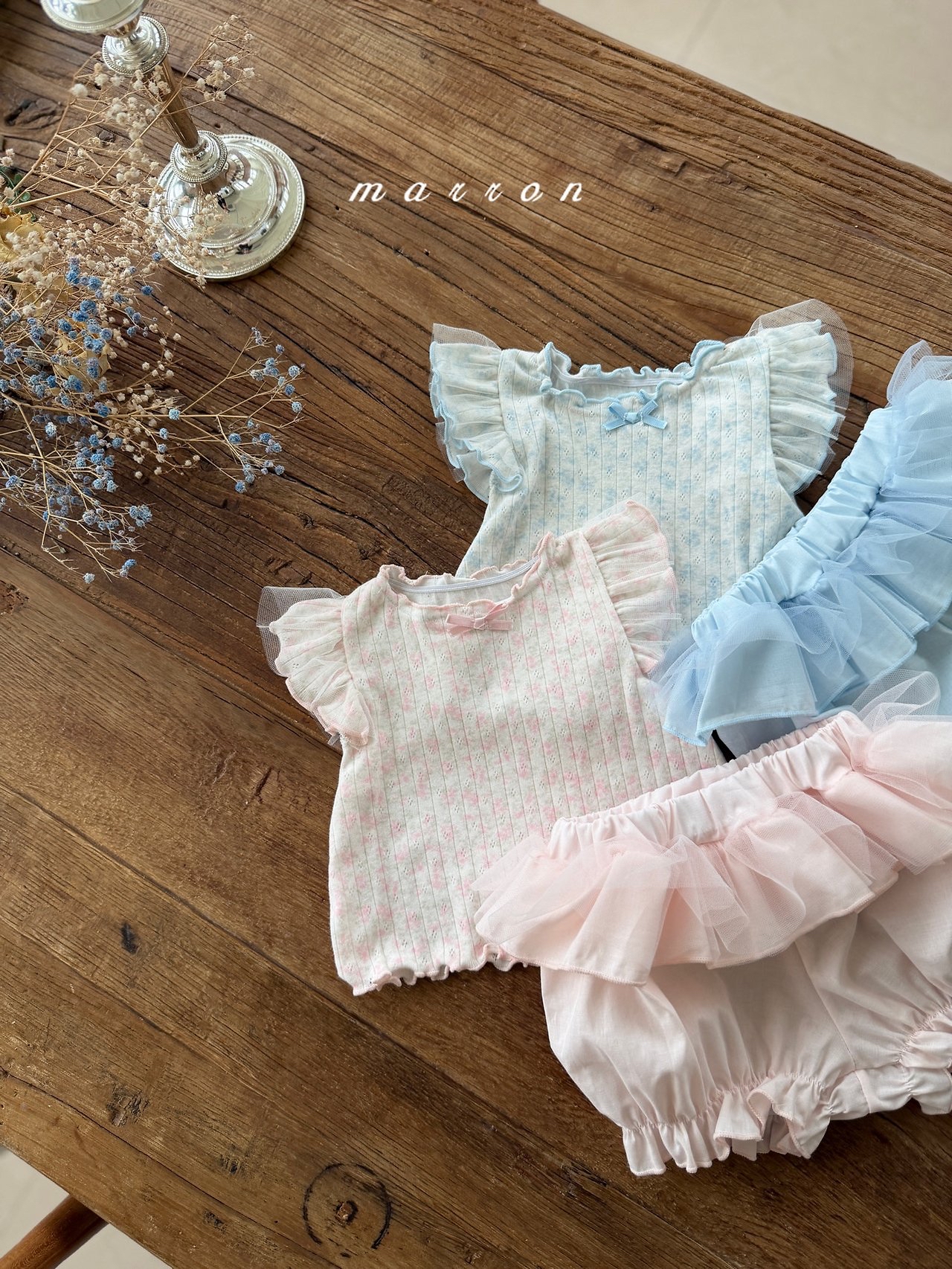 ☀️預訂 韓國直送☀️🇰🇷Marron兩色碎花薄紗荷葉邊袖背心燈籠褲套裝