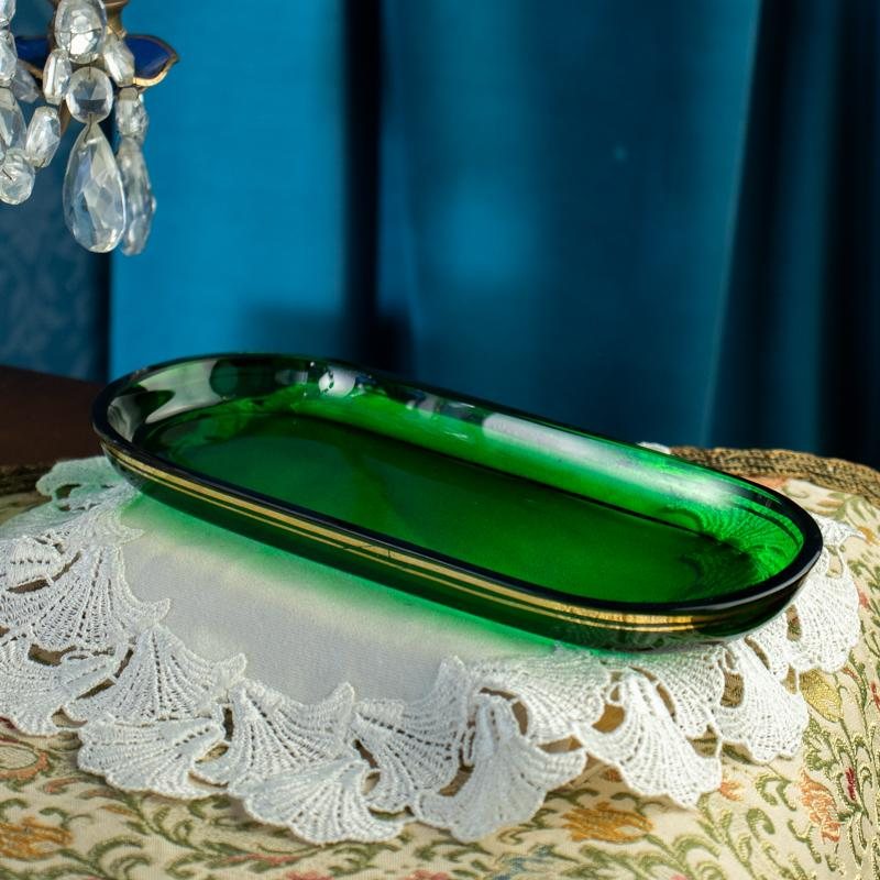 Vintage German Füger Taube 1947-1954 Art Deco Style Green Glass Dressing Table Set - Tray, Powder Box & Perfume Bottle (MX006)