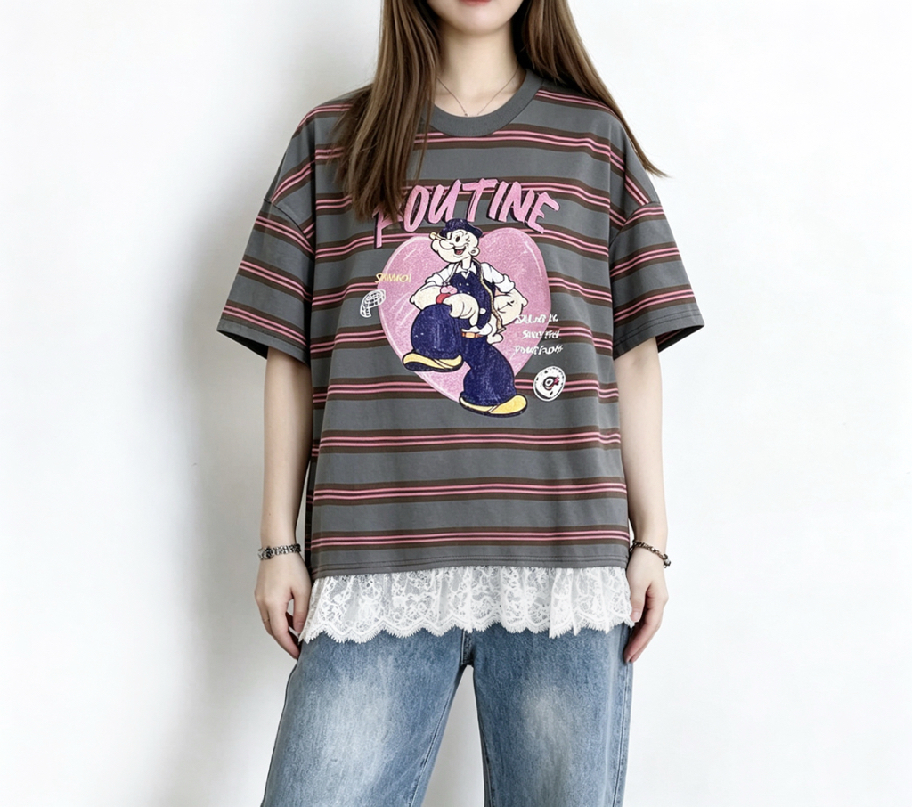 ☀️初夏優惠☀️ retro cartoon撞色Lace Tee