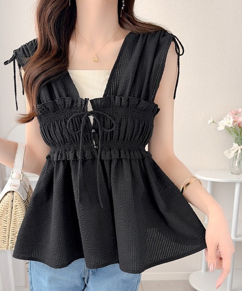 袖緞帶褶襉背心【JT039】