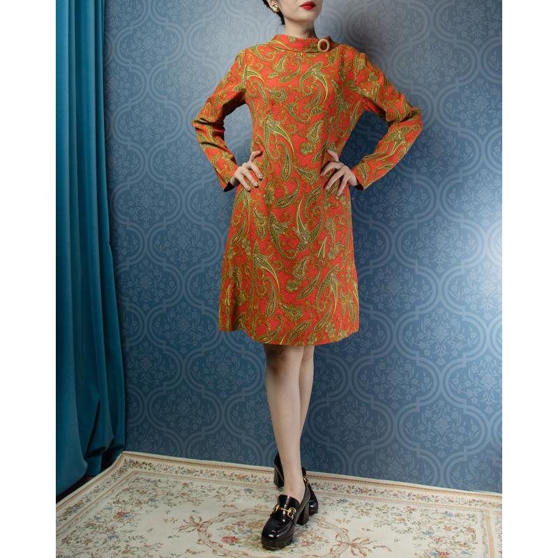 RARE!C.a. 1960-70s Rolled Collar Paisley Pattern Orange Shift Dress(MU101-13)