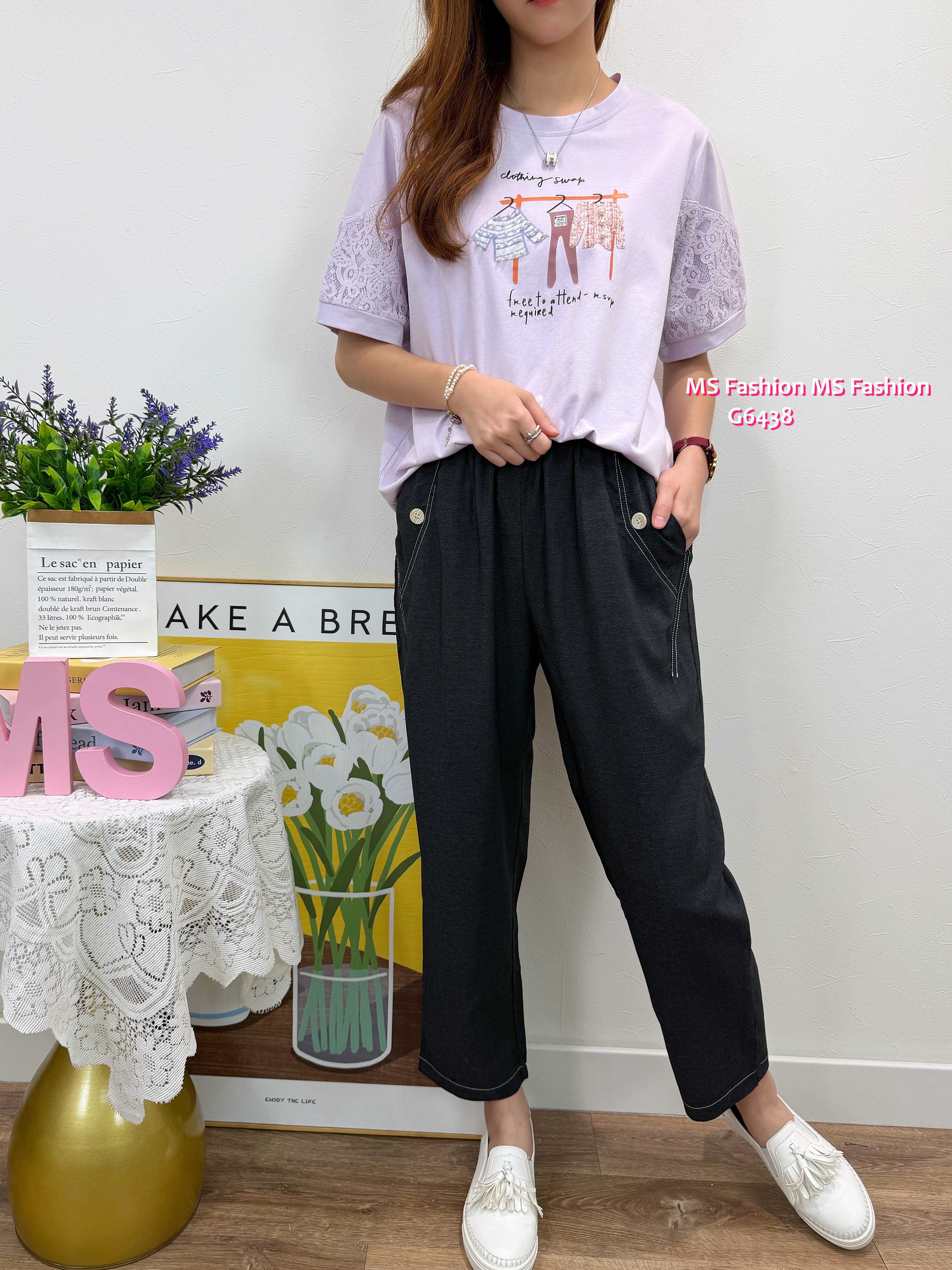 G6438 靚print lace袖top