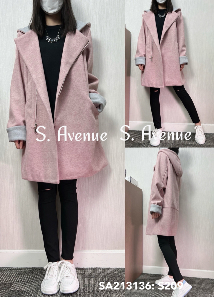 SA213136: 長袖大反領有帽撞色長絨褸