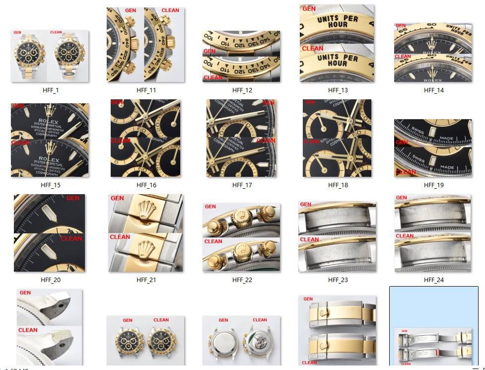 真假对比｜Clean厂 / C厂 126503（4131机芯） 🔥🔥🔥 间金黑面条钉 / 间金黑面钻钉（莫桑石） 本次对比依旧基于真品开模。C厂坚持每一款腕表都需购入真品进行拆解研究，而非单纯“看图做货”。这是我们一直以来对表友负责的基本原则。 此次推出的 126503 新款，最大亮点在于全新的 369 表盘设计： ✅表盘中心采用放射纹工艺 ✅边缘圆环区域则使用细腻的磨砂处理 ✅在外圆内侧还增加了一圈 约 30° 角度的抛光亮边 这些细节并非肉眼即可轻易判断，只有在完整拆解真品后才能准确还原，本次也都一一进行了复刻。 钻钉版本依旧采用 莫桑石 制作，在亮度与切工层面保持稳定表现。 从整体对比图中可以直观感受到 C厂在细节处理上的投入。高制作成本也意味着成品标准更高，因此在价格层面相较部分同类产品会略高一些，这一点也希望大家能够理解。 值得一提的是，C厂几乎会为每一种配色单独购入真品进行开发，因此其真假对比往往也是最完整、最真实的。同时，部分款式因工艺要求较高，会经历多轮反复修改，个别零部件的开发周期甚至以“年度”为单位计算。 我们的原则始终明确： 真品开模，做不到位，绝不出货。 宁缺毋滥，这从来不是一句口号。