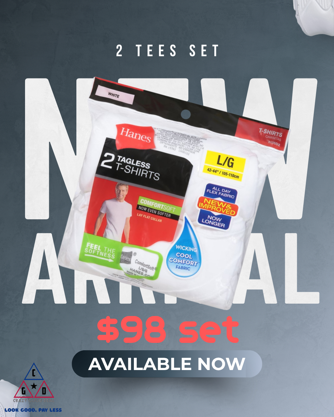 Hanes White Tees 2件裝（香港現貨）