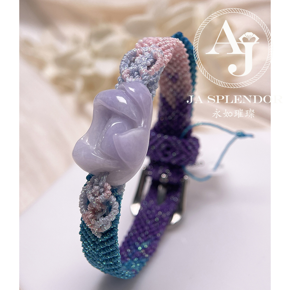 JN-3532 天然翡翠A玉- 春彩濃紫蓮花清心安神蠟繩編織手帶