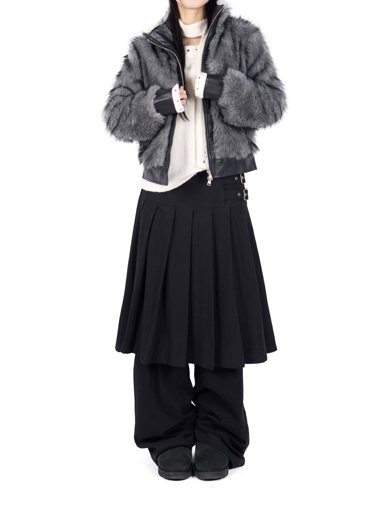 Pleated Layered Buckle Skirt Pants