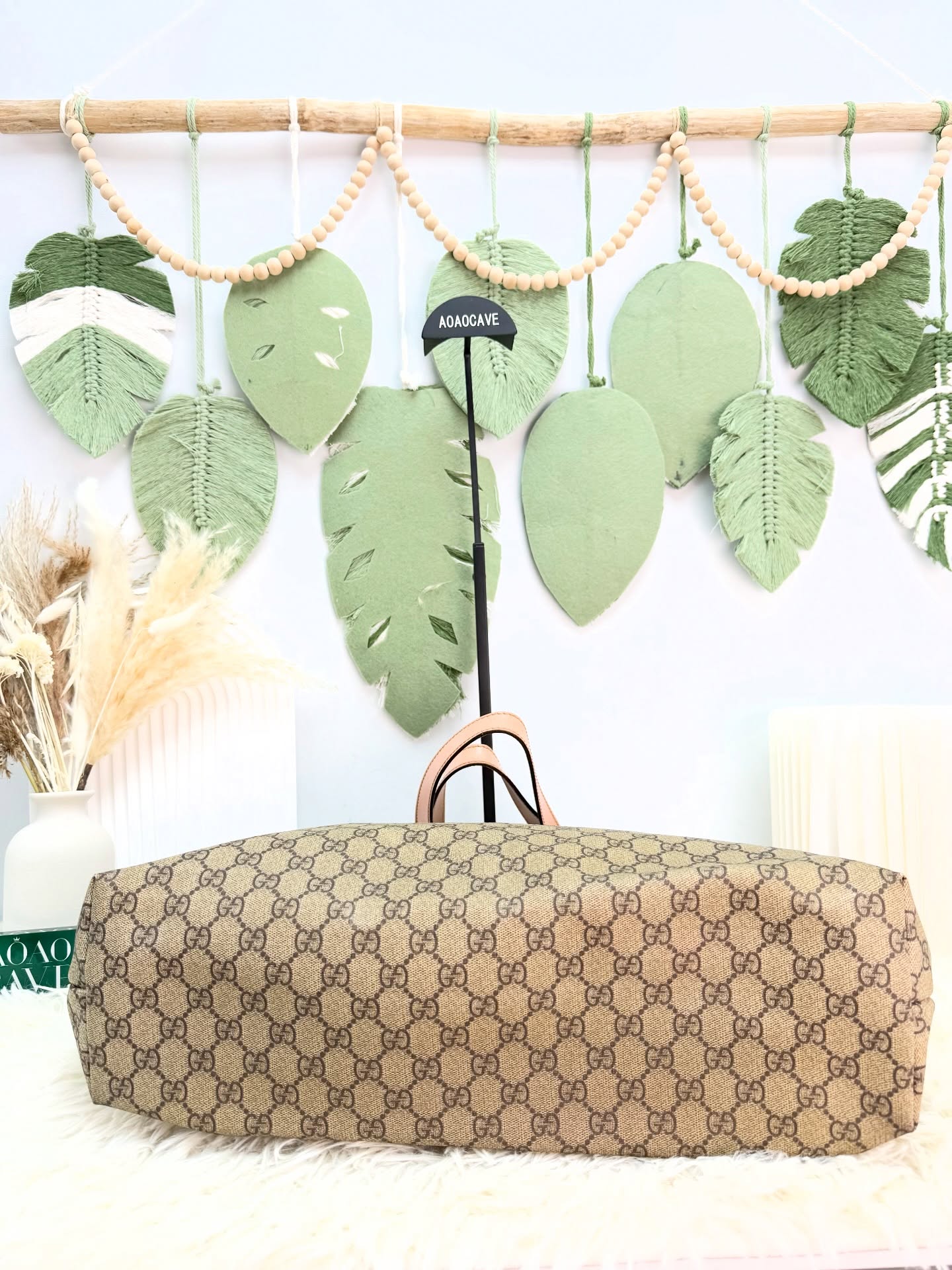 Gucci🤍PRE OWNED 🩷粉紅色皮革帆布拼皮 老花tote 有塵袋🛍️ 