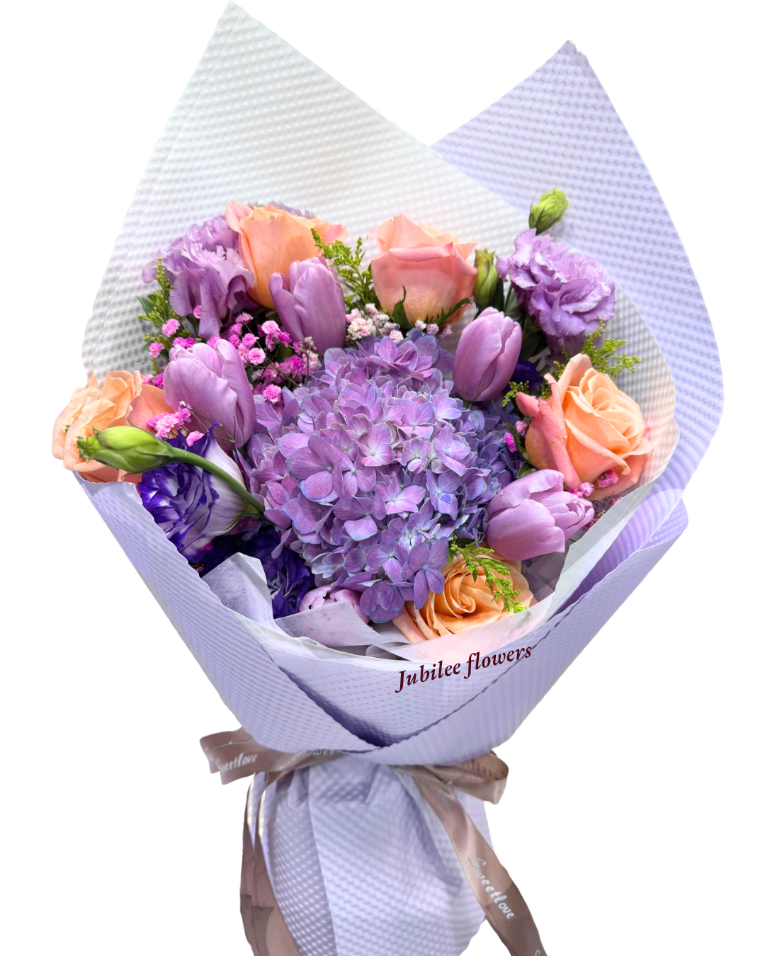 紫色繡球 鬱金香 玫瑰 花束