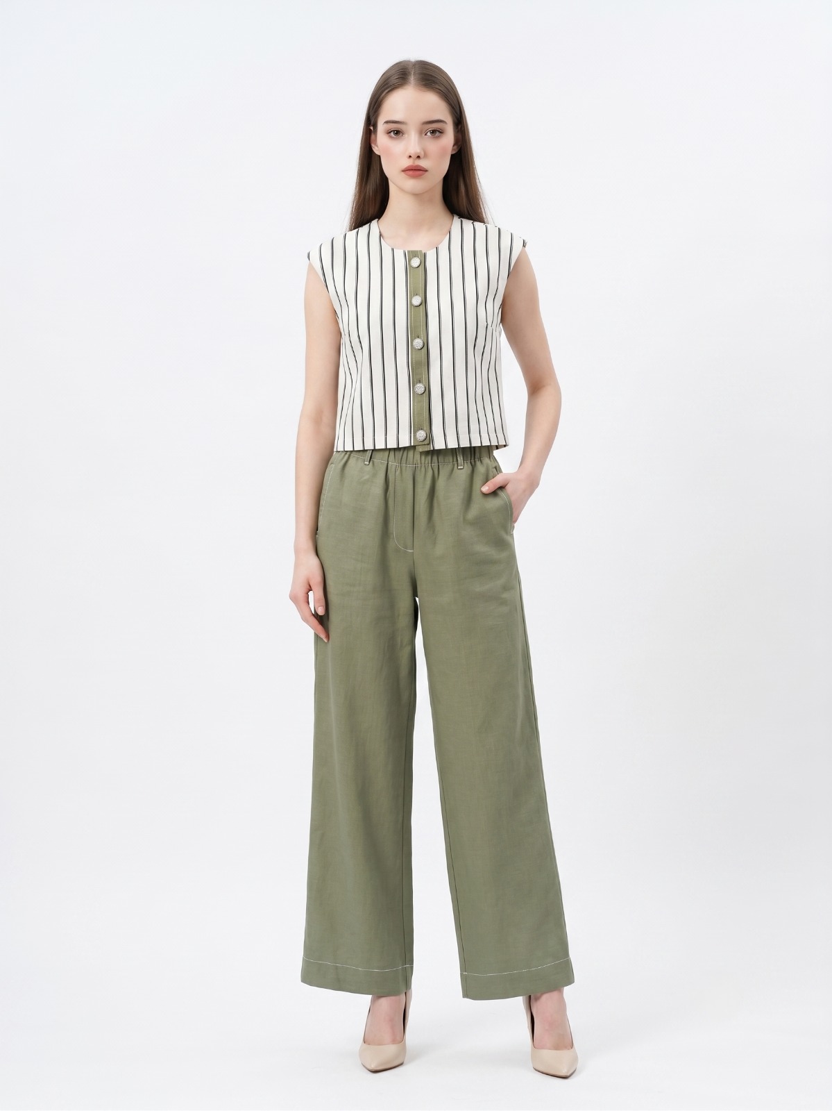 E8259BB Mila Striped Button Detail Crop Top