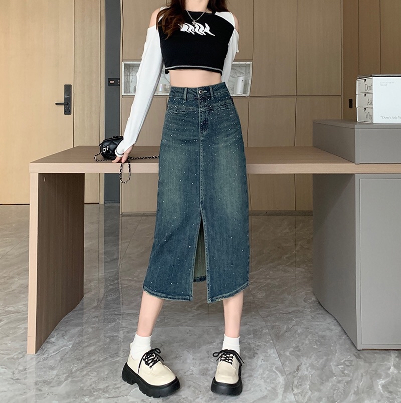 B274(30366) 韩版JEANS时尚高级感烫钻前开角蓝长裙