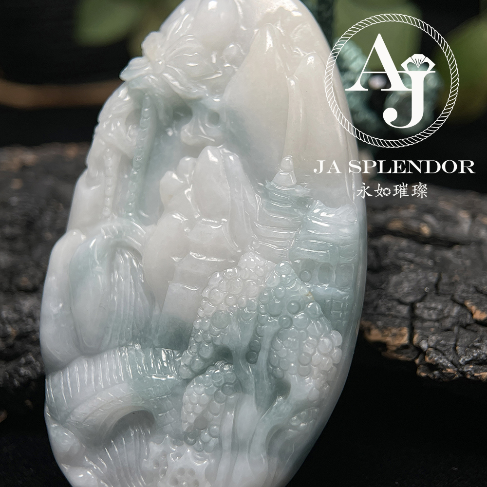 JN-38 天然翡翠A玉 細糯化飄藍花旺丁旺財山水牌