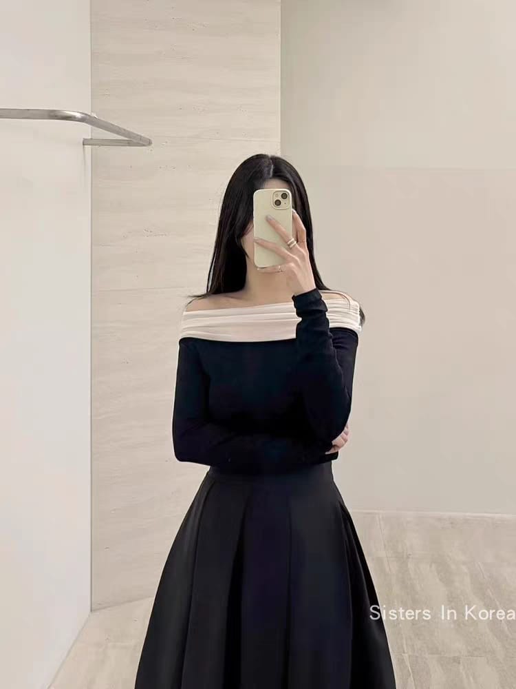 Contrast Mesh Bardot Neck Cotton Top ‖ 撞色柔纱拼接一字领棉质上衣 KR01681152