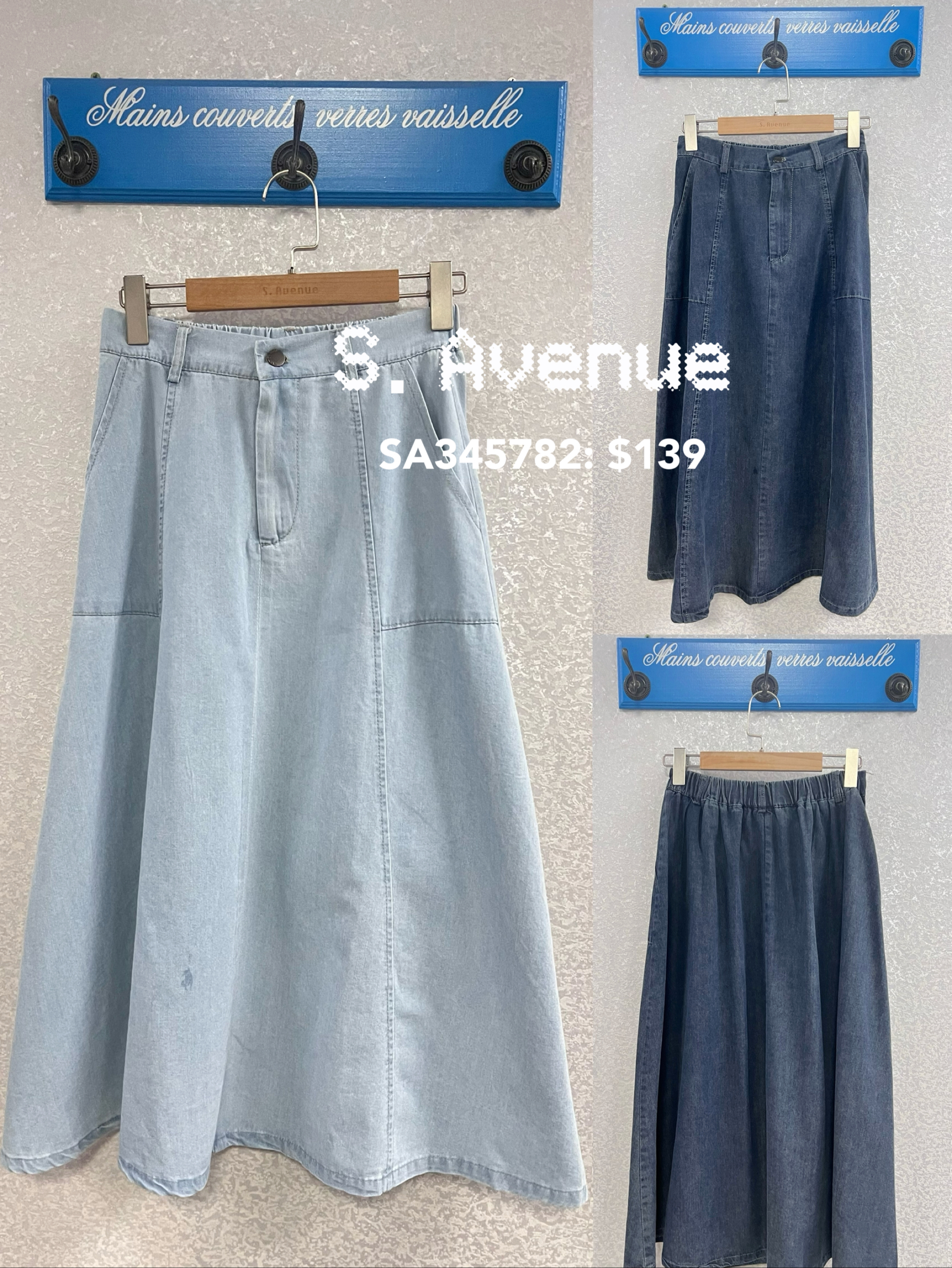 SA345782: 後橡筋腰前有鈕方袋A字牛仔裙